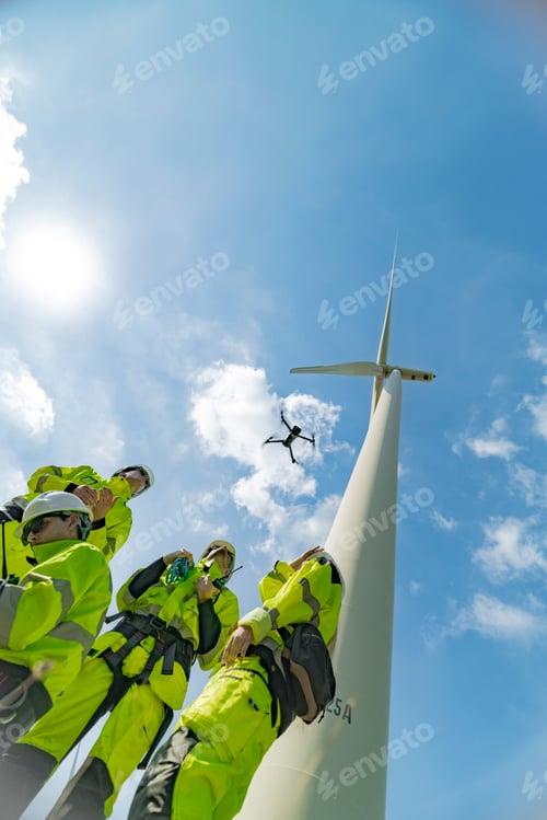 Preview: engineers conducting an aerial inspection of a wind turbine using a drone. The scene highlights mode