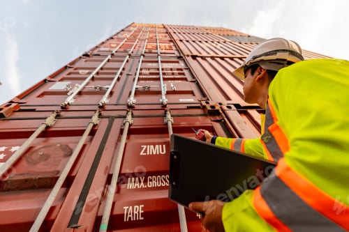 Preview: Container team in warehouse of men check the size of container at the door opening and closing, chec