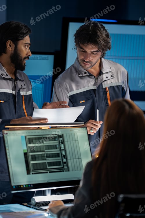 Preview: South Asian male engineer and female developer review real-time security data on a large screen wall