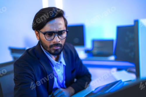 Preview: An Indian IT specialist stretching his back while coding next-generation semiconductor microchip arc