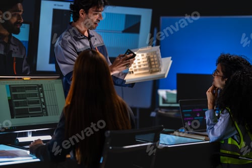 Preview: Construction team reviews a building scale model and floor plan documents in a dark operations cente