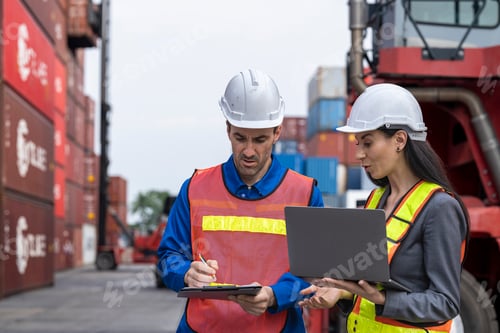 Preview: Two logistics workers man and woman discuss operations at a busy shipping container yard.