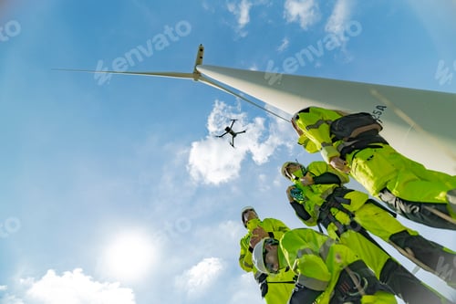 Preview: engineers conducting an aerial inspection of a wind turbine using a drone. The scene highlights mode