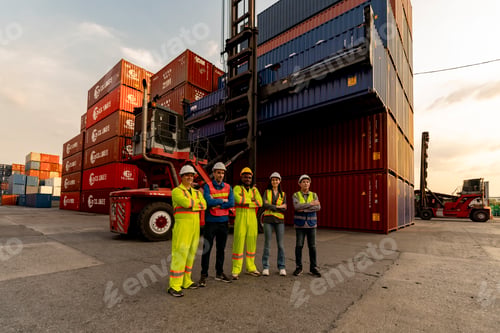 Preview: Happy diverse logistics team celebrating success by raising fists together at a container port. Succ