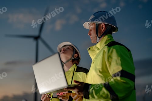 Preview: Wind energy engineering team planning sustainable grid infrastructure at sunset.