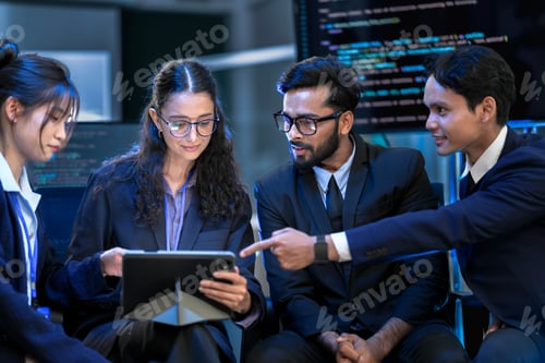 Preview: A developer in a futuristic office looking at holographic screens displaying artificial intelligence