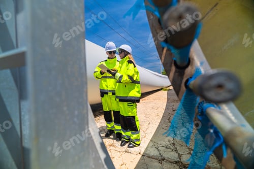 Preview: Two engineers in safety gear inspecting a wind turbine blade section on a construction site. They ex