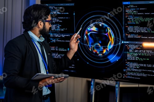 Preview: South Asian male cybersecurity expert in a dark blazer holds a tablet and gestures in a dark control