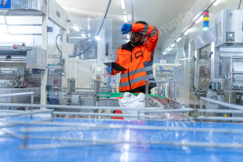 Preview: Workers in safety gear inside a factory check equipment and products on production and transportatio