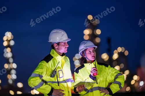 Preview: Close-up of a focused female engineer in a high-visibility safety uniform and hard hat, using a lapt