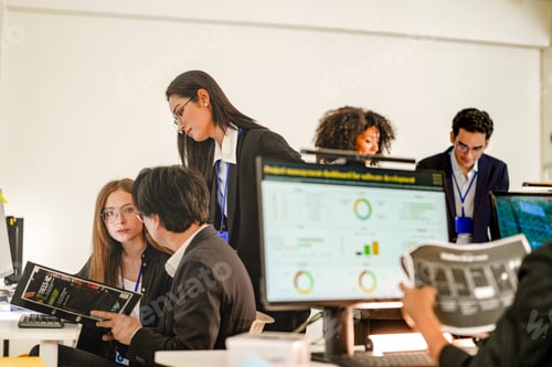 Preview: Diverse AI security team reviewing threat intelligence documents. Asian female manager mentoring Cau