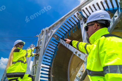 Preview: Two engineers in safety gear inspecting a wind turbine blade section on a construction site. They ex