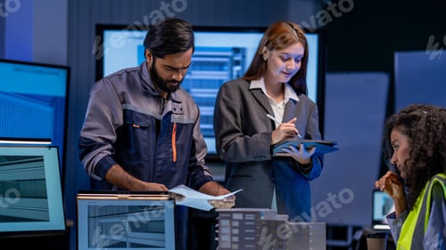 Preview: A female green building consultant holding a tablet and collaborating with architects and site engin
