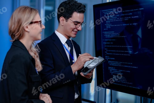 Preview: Focused professionals collaborate late night. A woman points out key details on a large screen using