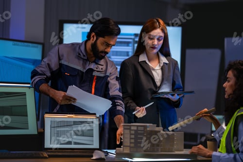 Preview: South Asian male in work coveralls presents a building model to a construction team in a dark operat