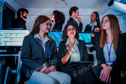 Preview: Group of attentive corporate professionals attending a nighttime training session. Diverse male and