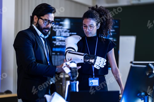 Preview: South Asian male cybersecurity specialist and Black female researcher with a bionic arm review secur