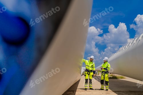 Preview: Engineers in High Visibility Safety Gear Conduct a Detailed Inspection of a Wind Turbine Blade at a