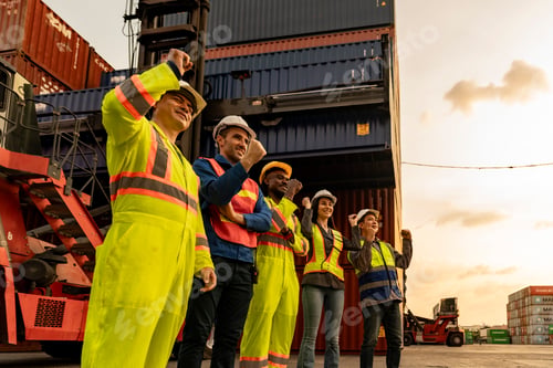 Preview: The men and women container workers in the warehouse stand together as a team, showing their joy and
