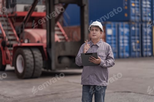 Preview: A logistics worker in a gray uniform inspects stacked shipping containers while holding a tablet. Th
