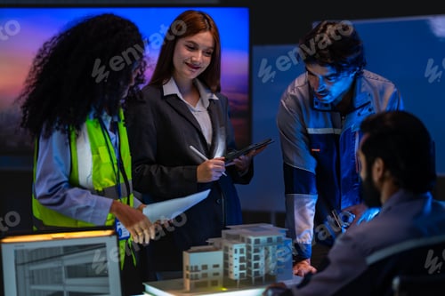 Preview: Construction team with South Asian male and red-haired female architect reviews construction safety