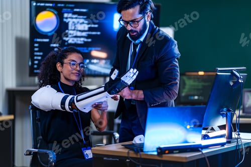 Preview: Black female cybersecurity engineer with a white robotic arm and South Asian male security analyst e