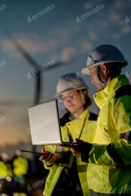 Preview: Wind energy engineering team planning sustainable grid infrastructure at sunset.