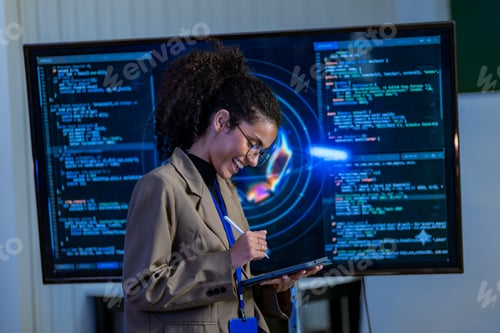 Preview: Female AI Specialist Writing on Tablet Before Large Screen
