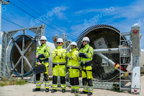 Preview: Engineers in Hard Hats and High-visibility Jackets Inspect a Massive Piece of Industrial Equipment O
