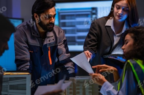 Preview: Red-haired female architect examines construction blueprints while South Asian male engineer present