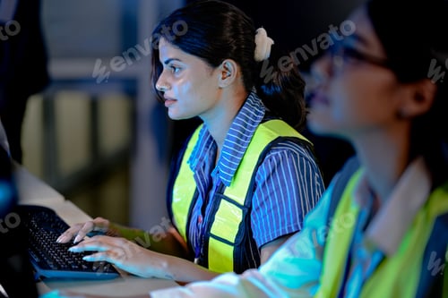 Preview: focused Indian female engineer in a safety vest works at a computer. She is in a high tech control r