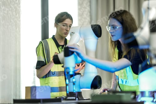 Preview: Young female scientists collaborating on robotic arm calibration and AI testing in a bright, modern