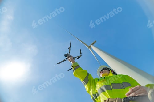 Preview: engineers conducting an aerial inspection of a wind turbine using a drone. The scene highlights mode