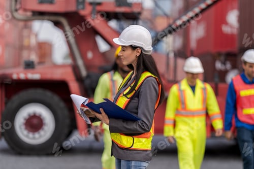 Preview: Team logistics workers in high visibility safety gear and hard hats discuss operations at a busy shi