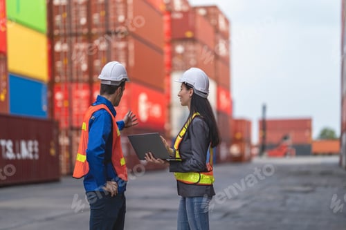 Preview: Two logistics workers man and woman discuss operations at a busy shipping container yard.