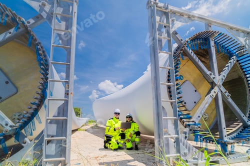 Preview: Two engineers in safety gear inspecting a wind turbine blade section on a construction site. They ex