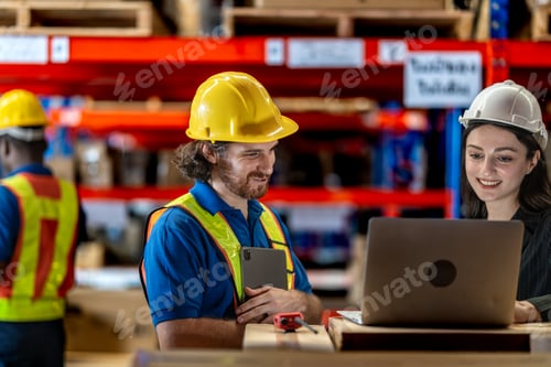 Preview: Diverse warehouse team discussing inventory management in a distribution center. Professional manage