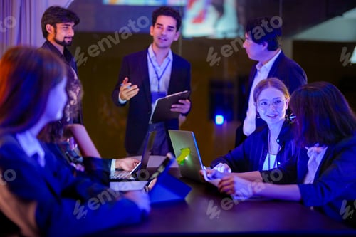 Preview: Multiethnic technical experts gathering for a strategic meeting in a futuristic high-tech command ce