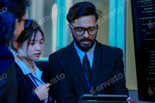 Vista previa: Close up of a thoughtful software developer looking at a computer screen displaying advanced invento