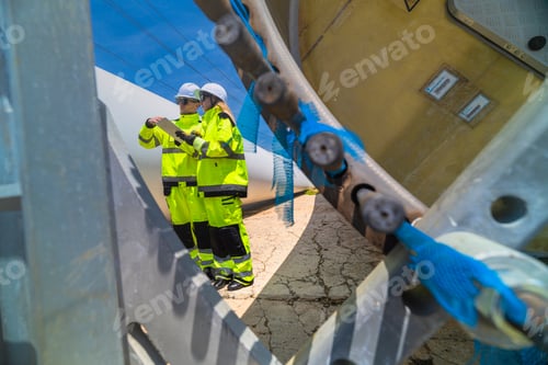 Preview: Two engineers in safety gear inspecting a wind turbine blade section on a construction site. They ex