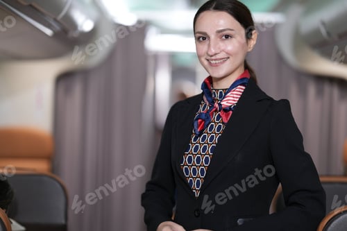 Preview: Smiling flight attendant in a uniform and neck scarf assists passengers at a modern airport terminal