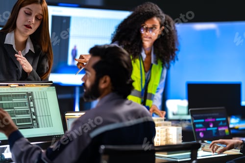 Preview: Red-haired female engineer raises a finger in thought near a laptop in a dark control room while a B