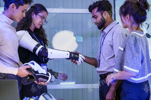 Preview: An AI software architect testing human-robot interaction by shaking hands with a cybernetic bionic p