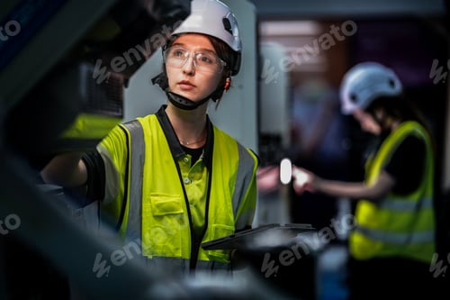Preview: Professional female engineer in safety helmet using a digital tablet to monitor and control robotic