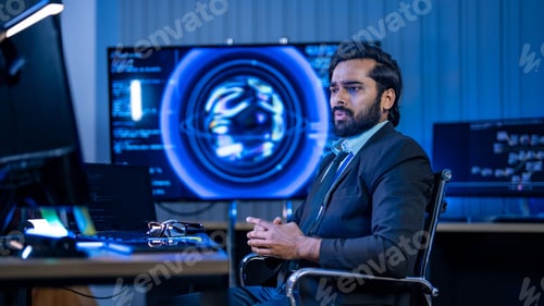 Preview: Focused Indian technology professional pointing at an office computer monitor to debug core processo