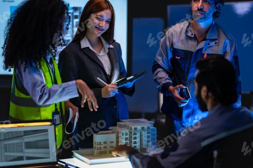 Preview: South Asian male construction engineer and red-haired female architect examine project blueprints in