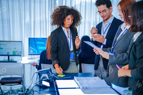 Preview: Diverse corporate team reviewing financial document in a modern office. Focused African American man