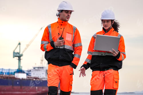 Preview: Two engineers wearing high-visibility safety gear and hard hats review plans on a laptop at a shipya