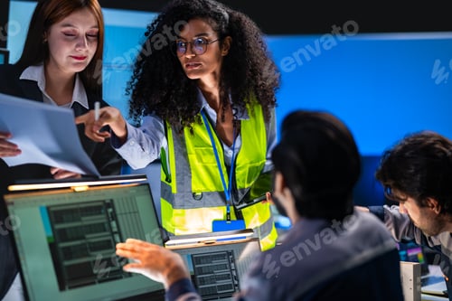 Preview: Black female engineer in a yellow safety vest points at documents while standing beside a red-haired