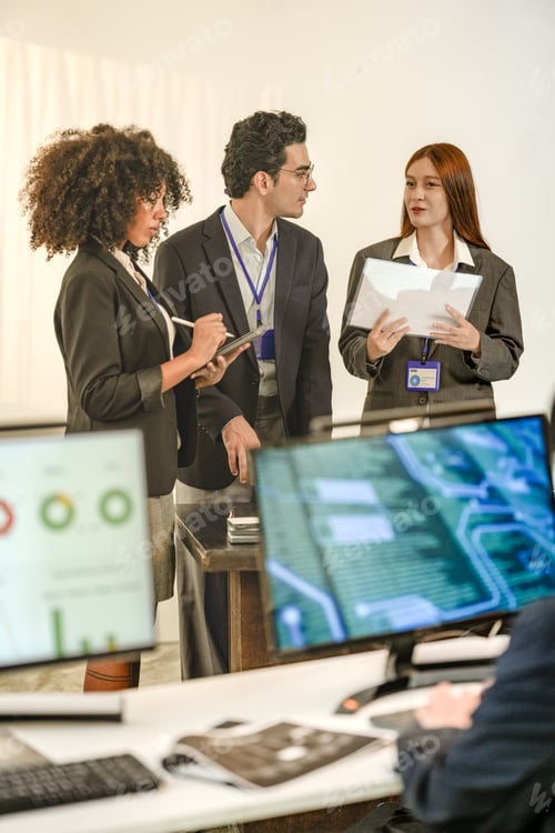 Preview: Focused cross functional IT squad discussing machine learning defense strategies. Professional diver